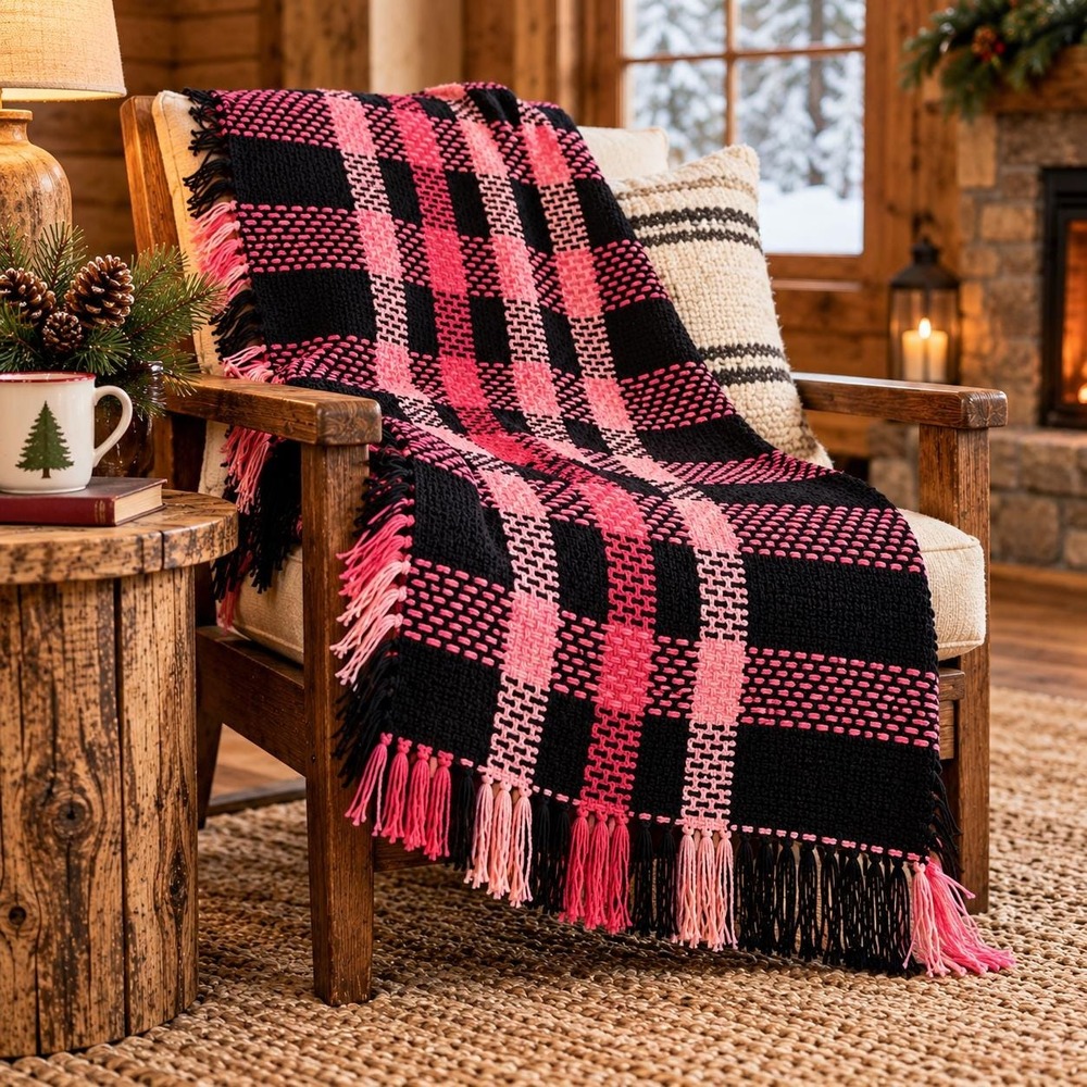 VTG Woven Plaid Lap Throw Pink Black Fringe Small Chair Blanket Cabin Cottage